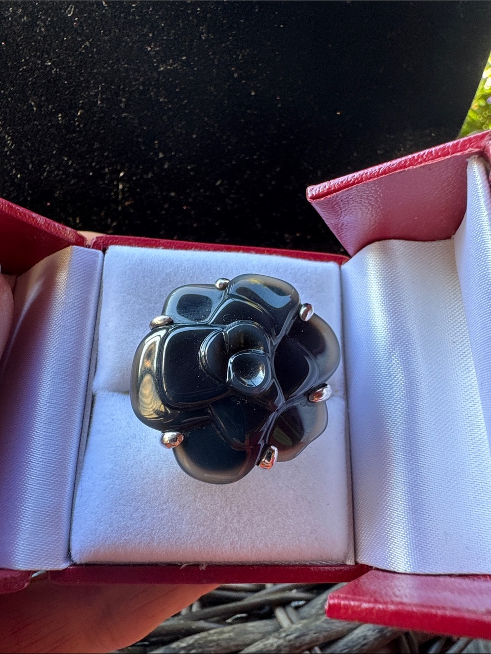 Chanel Camelia Black Onyx Flower Ring in 18K White Gold